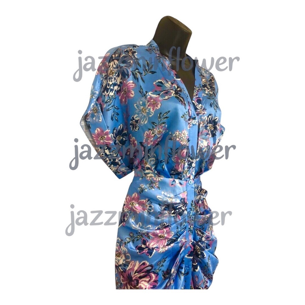 Blue Floral Satin Wrap Dress